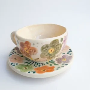 taza de ceramica artesanal con platito pintado