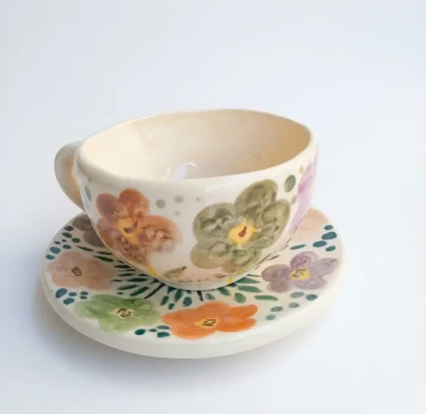 taza de ceramica artesanal con platito pintado